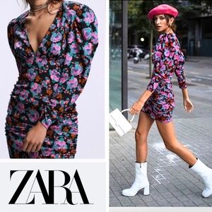 NEW ZARA FLORAL PRINT DRAPED MINI DRESS V-Neck Shoulder Pads Pink Black Size L